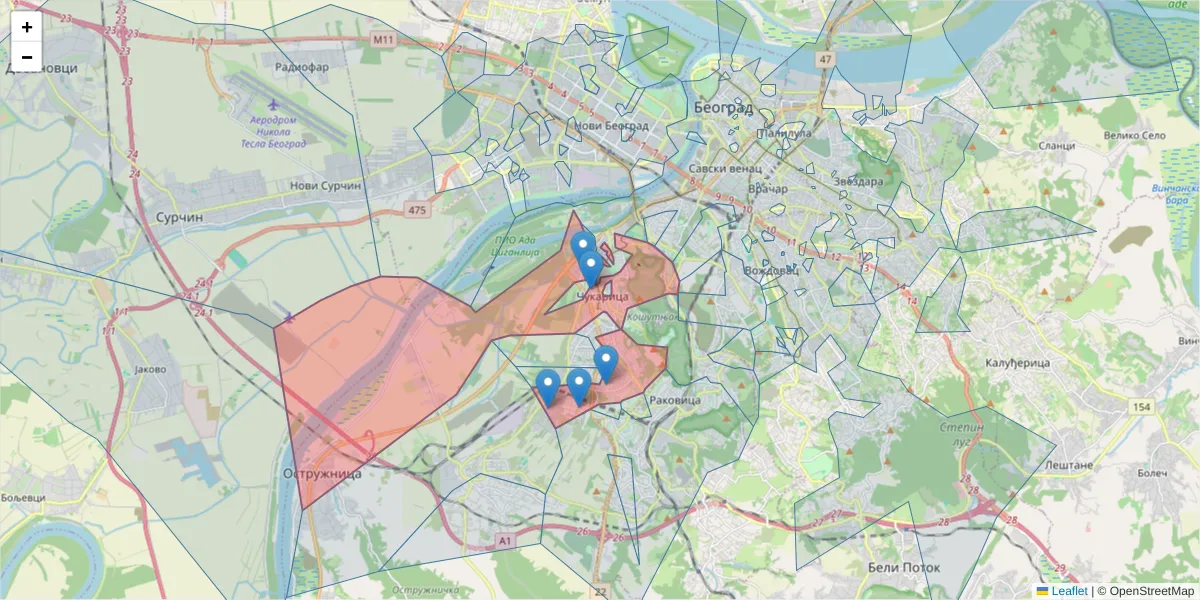 Mapa poštanskog broja  i okolnih poštanskih brojeva u Srbiji
