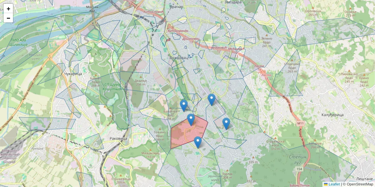 Mapa poštanskog broja  i okolnih poštanskih brojeva u Srbiji