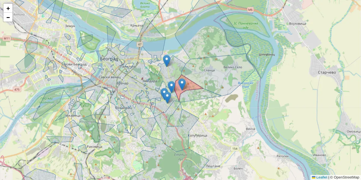 Mapa poštanskog broja  i okolnih poštanskih brojeva u Srbiji