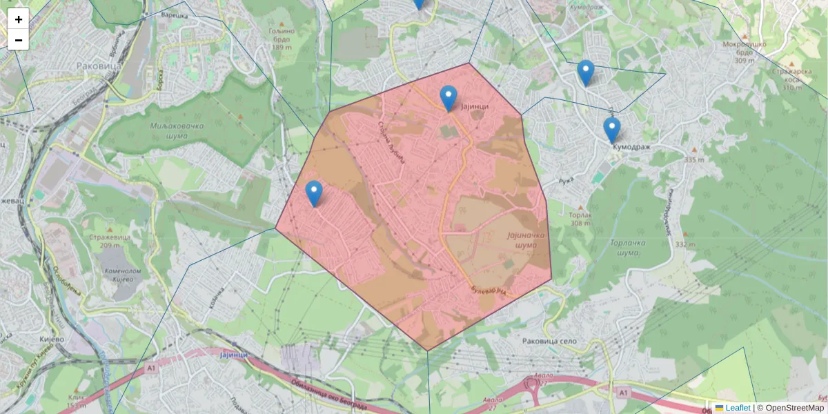 Mapa poštanskog broja  i okolnih poštanskih brojeva u Srbiji