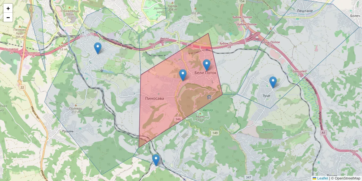 Mapa poštanskog broja  i okolnih poštanskih brojeva u Srbiji