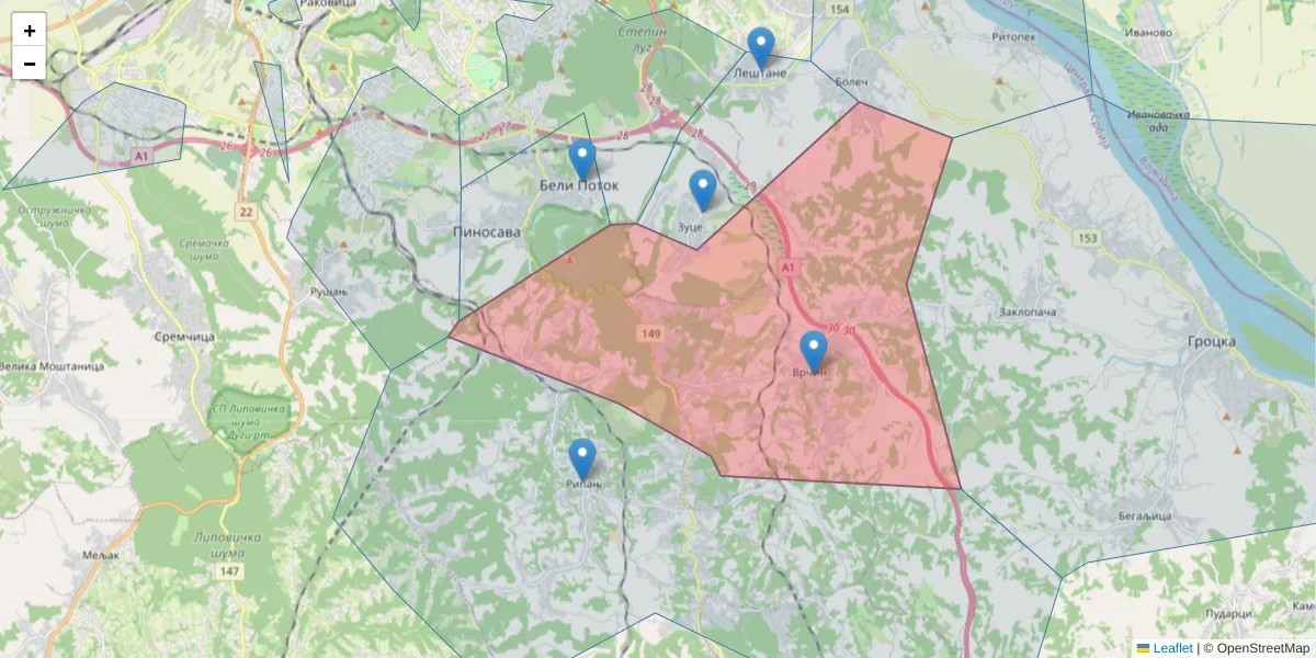 Mapa poštanskog broja  i okolnih poštanskih brojeva u Srbiji