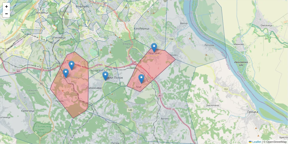 Mapa poštanskog broja  i okolnih poštanskih brojeva u Srbiji