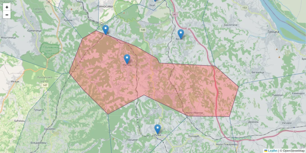 Mapa poštanskog broja  i okolnih poštanskih brojeva u Srbiji
