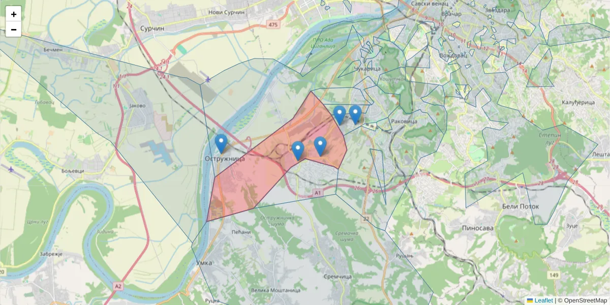 Mapa poštanskog broja  i okolnih poštanskih brojeva u Srbiji