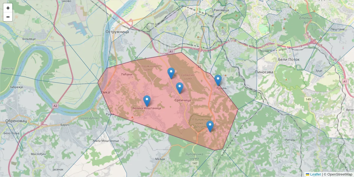 Mapa poštanskog broja  i okolnih poštanskih brojeva u Srbiji