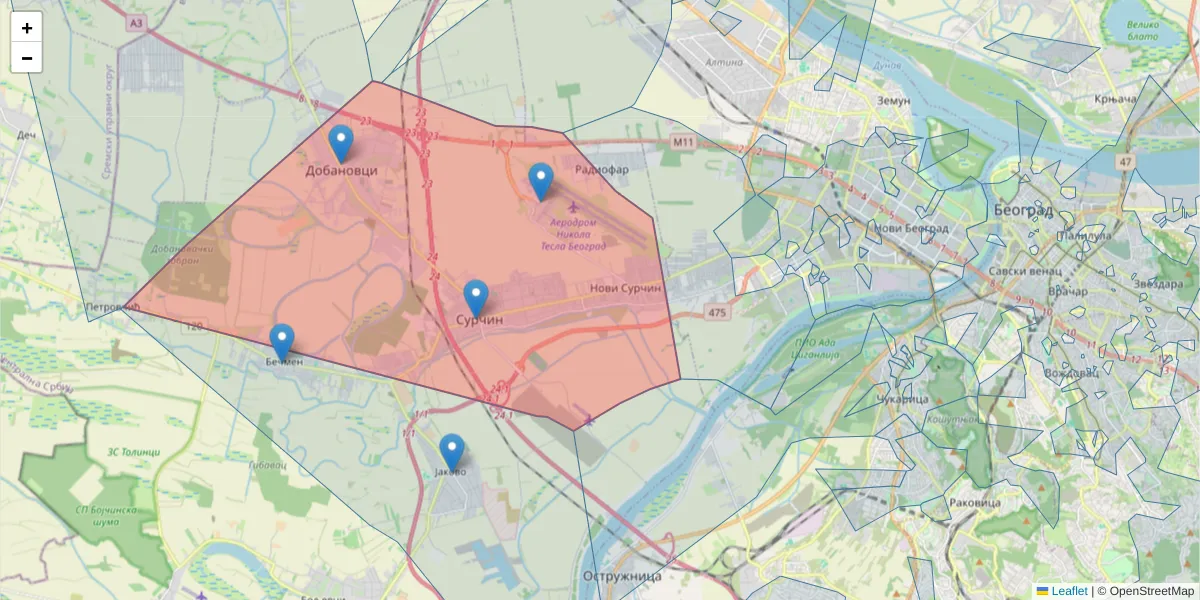 Mapa poštanskog broja  i okolnih poštanskih brojeva u Srbiji