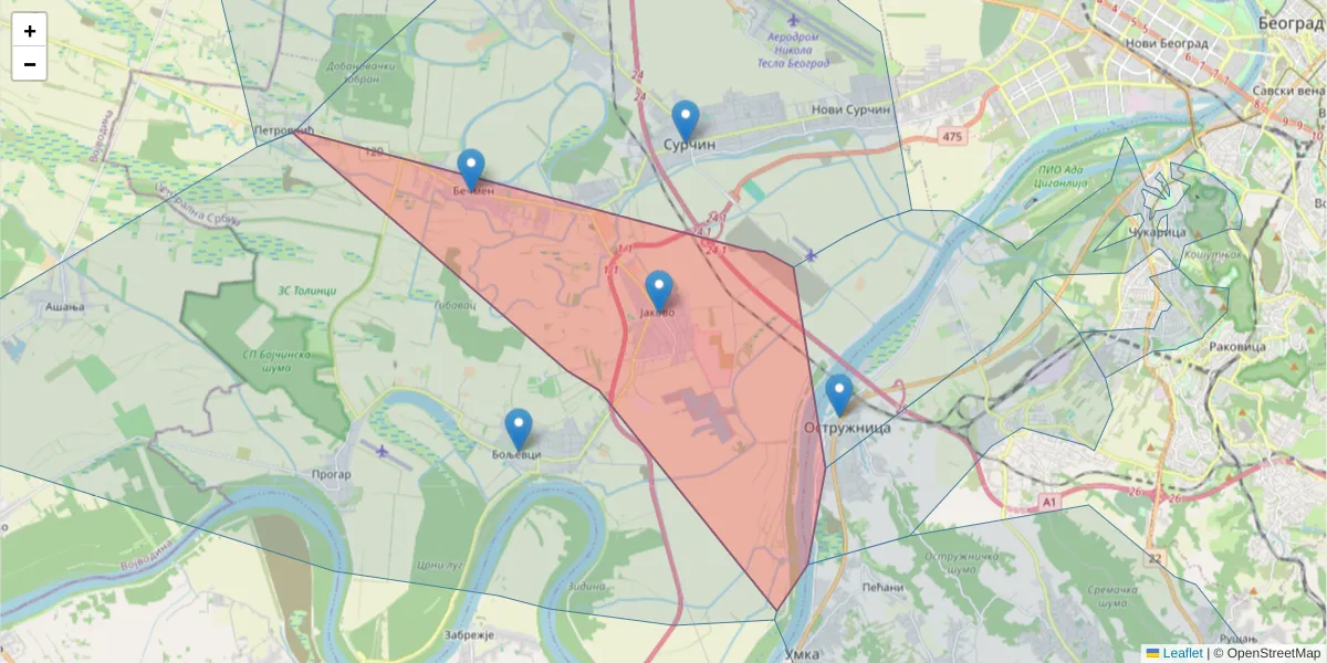 Mapa poštanskog broja  i okolnih poštanskih brojeva u Srbiji