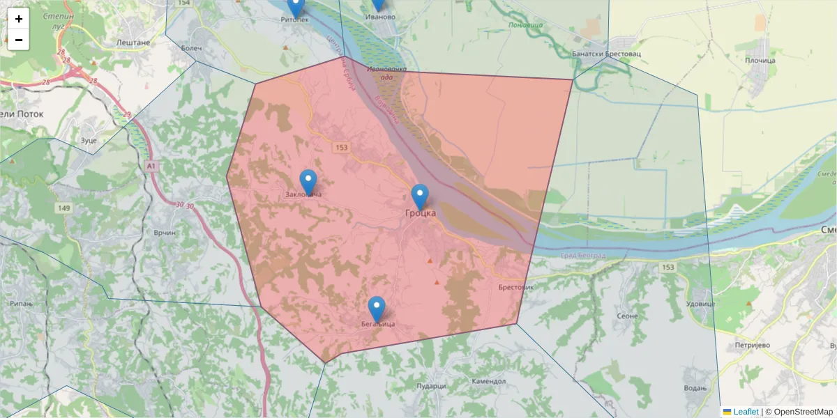 Mapa poštanskog broja  i okolnih poštanskih brojeva u Srbiji
