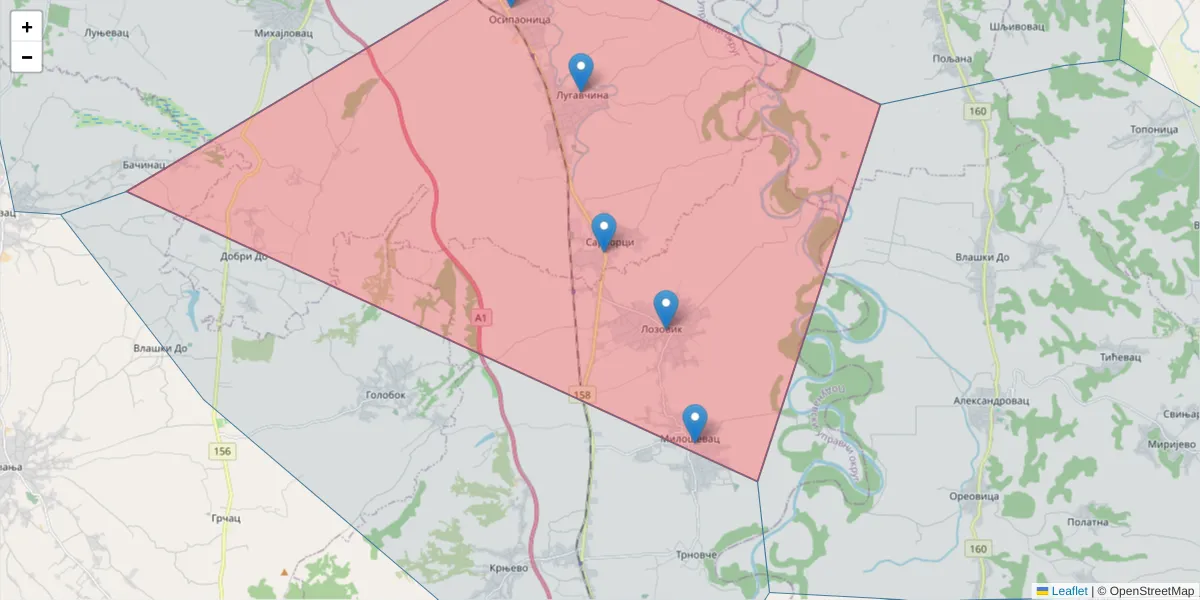 Mapa poštanskog broja  i okolnih poštanskih brojeva u Srbiji