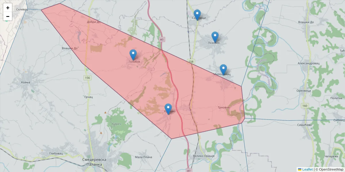 Mapa poštanskog broja  i okolnih poštanskih brojeva u Srbiji