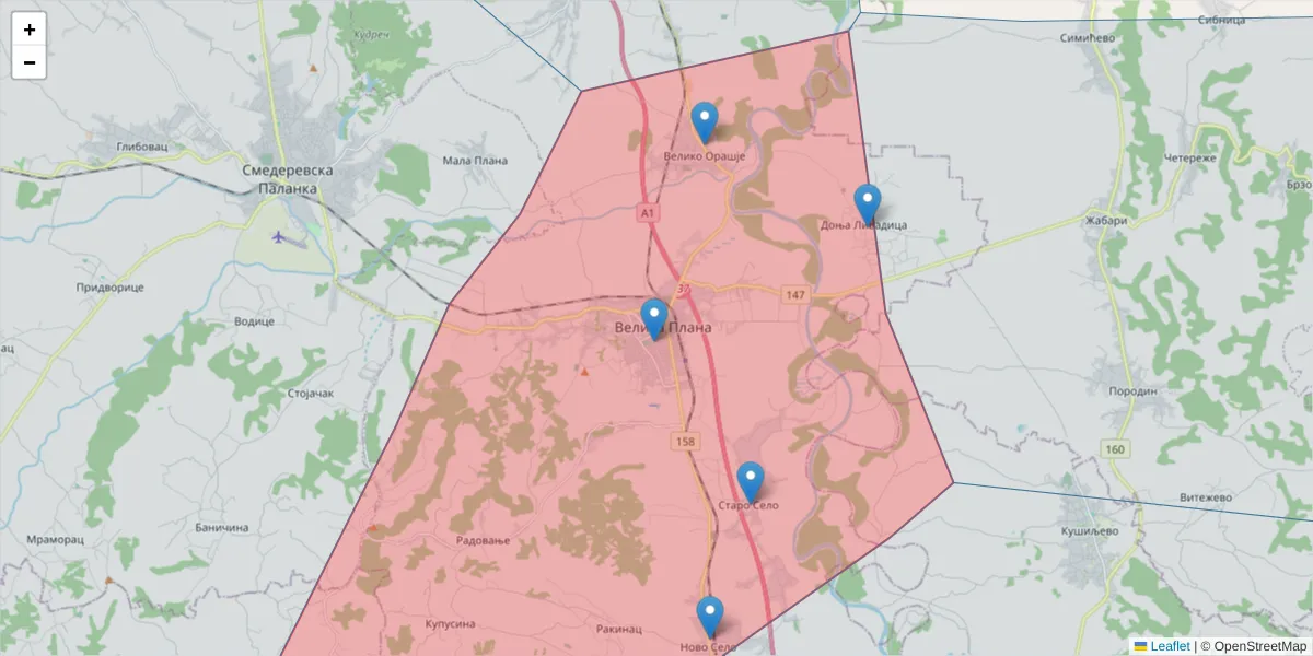 Mapa poštanskog broja  i okolnih poštanskih brojeva u Srbiji