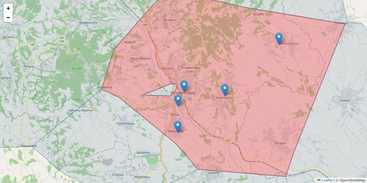 Mapa poštanskog broja  i okolnih poštanskih brojeva u Srbiji