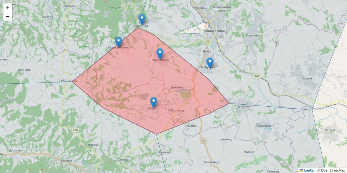 Mapa poštanskog broja  i okolnih poštanskih brojeva u Srbiji