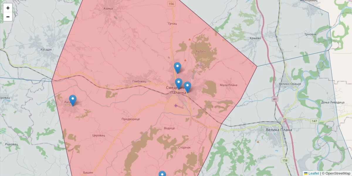 Mapa poštanskog broja  i okolnih poštanskih brojeva u Srbiji