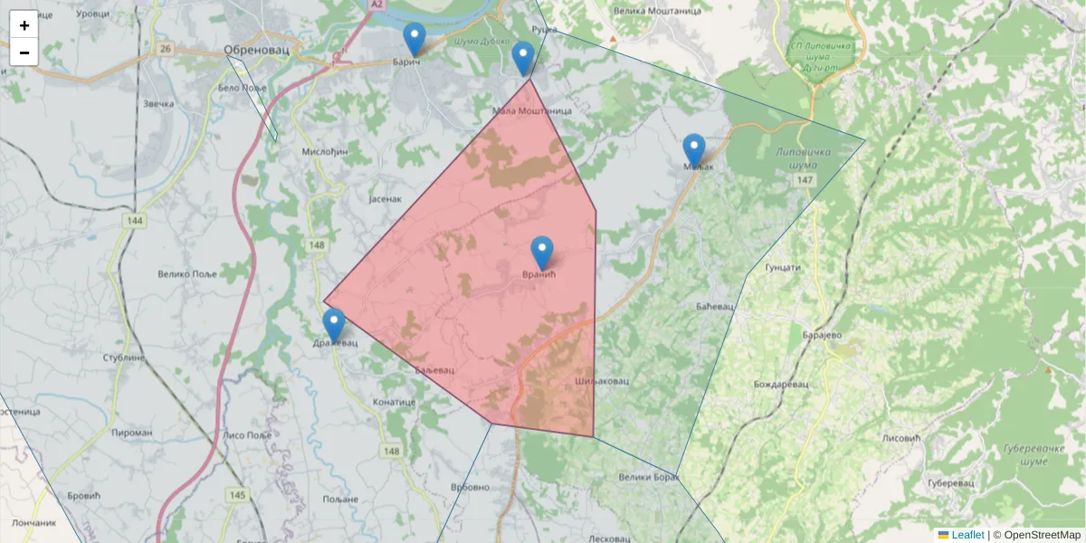 Mapa poštanskog broja  i okolnih poštanskih brojeva u Srbiji