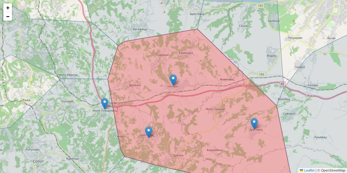 Mapa poštanskog broja  i okolnih poštanskih brojeva u Srbiji