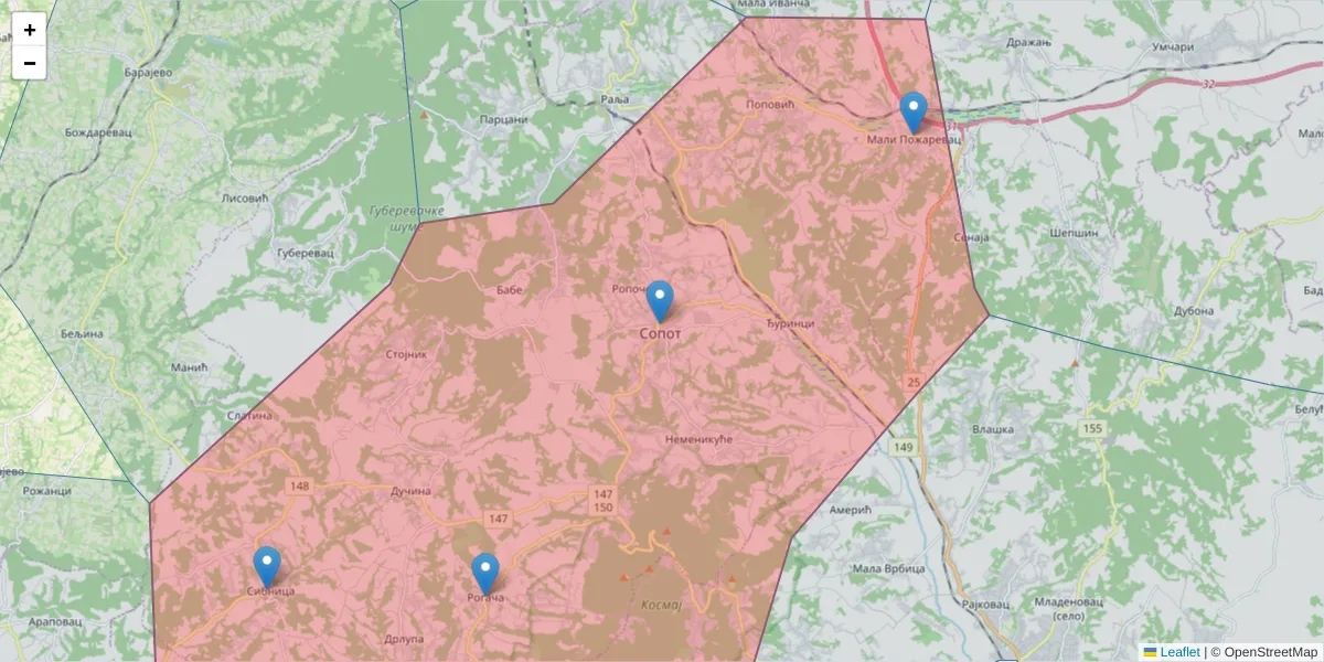 Mapa poštanskog broja  i okolnih poštanskih brojeva u Srbiji