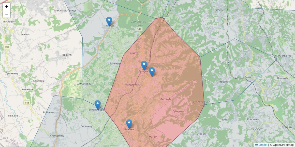 Mapa poštanskog broja  i okolnih poštanskih brojeva u Srbiji