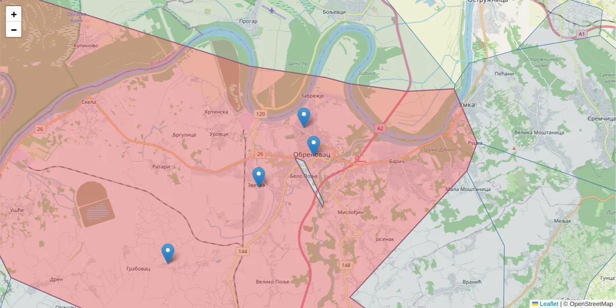 Mapa poštanskog broja  i okolnih poštanskih brojeva u Srbiji
