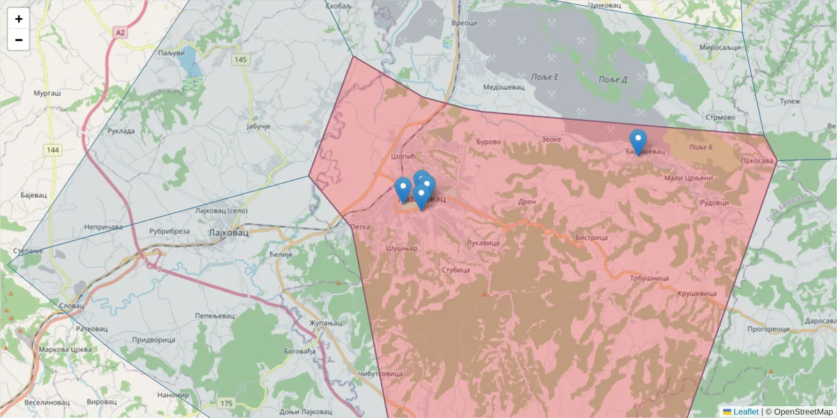 Mapa poštanskog broja  i okolnih poštanskih brojeva u Srbiji