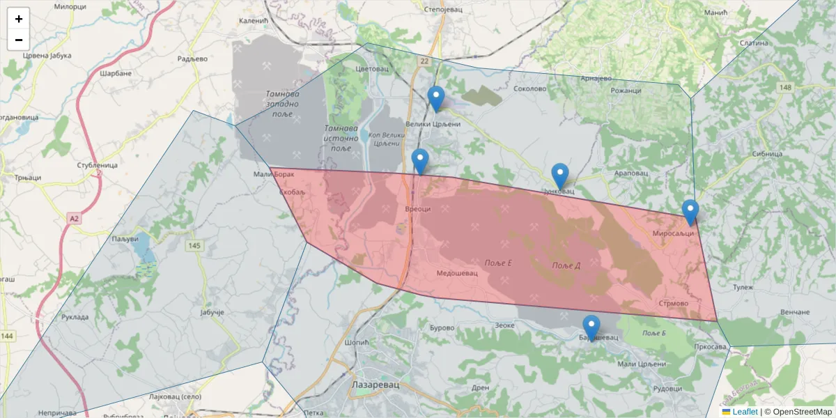 Mapa poštanskog broja  i okolnih poštanskih brojeva u Srbiji