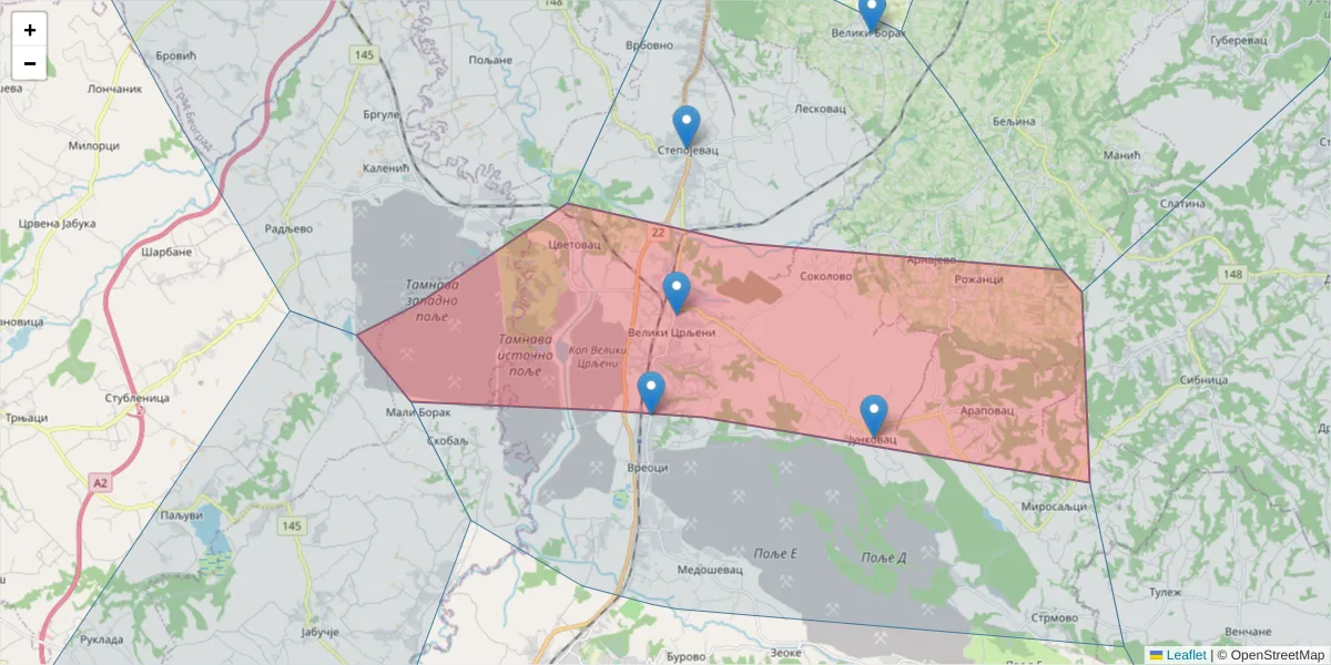 Mapa poštanskog broja  i okolnih poštanskih brojeva u Srbiji