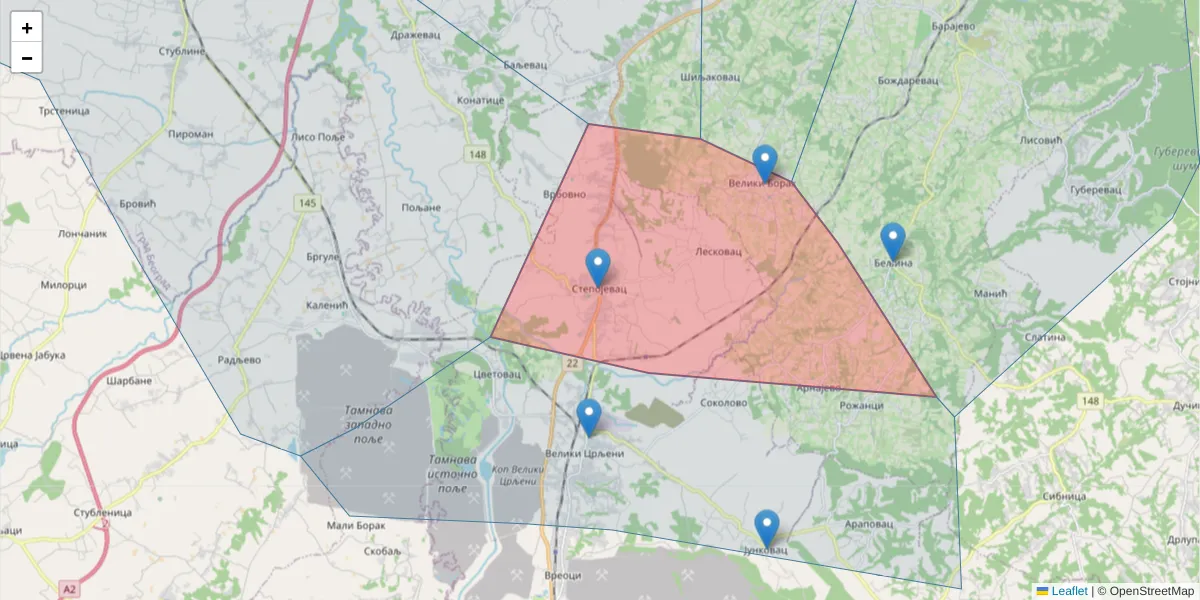 Mapa poštanskog broja  i okolnih poštanskih brojeva u Srbiji