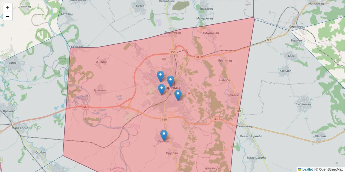 Mapa poštanskog broja  i okolnih poštanskih brojeva u Srbiji
