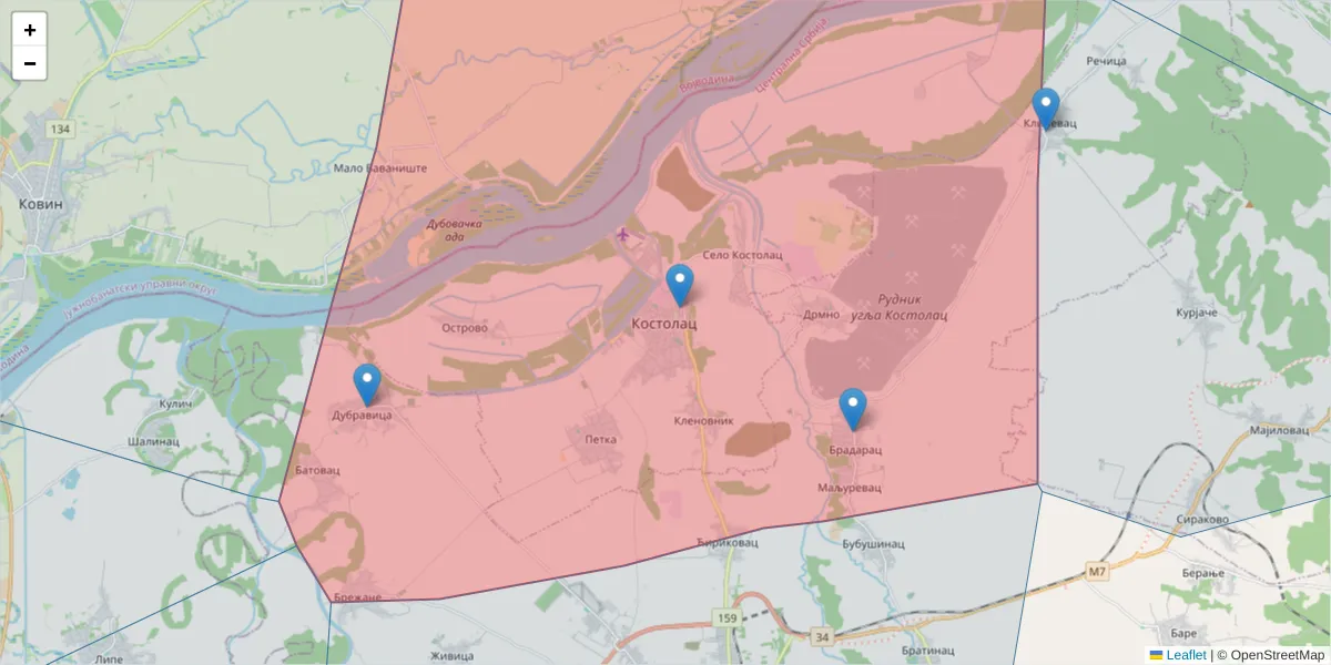 Mapa poštanskog broja  i okolnih poštanskih brojeva u Srbiji