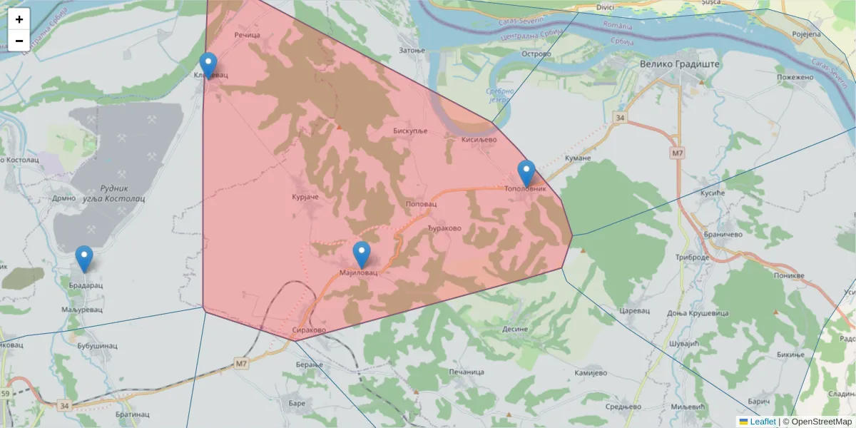 Mapa poštanskog broja  i okolnih poštanskih brojeva u Srbiji
