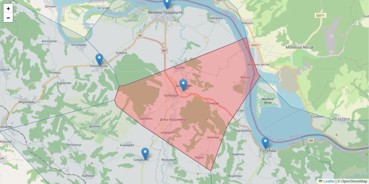 Mapa poštanskog broja  i okolnih poštanskih brojeva u Srbiji