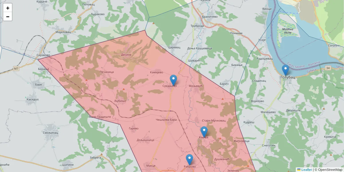 Mapa poštanskog broja  i okolnih poštanskih brojeva u Srbiji