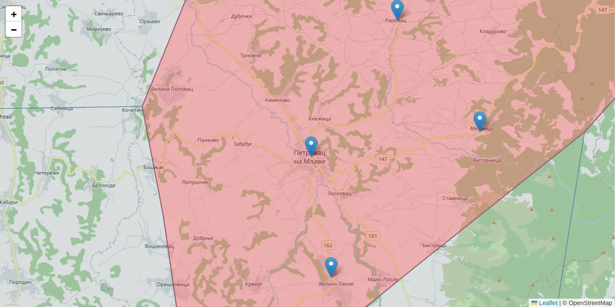 Mapa poštanskog broja  i okolnih poštanskih brojeva u Srbiji