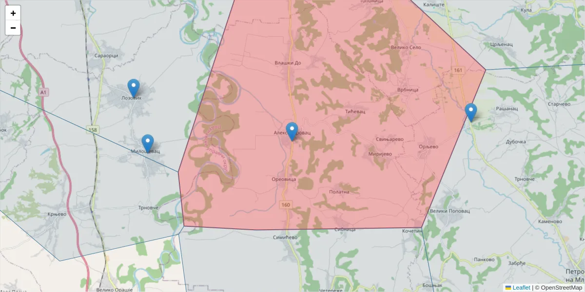 Mapa poštanskog broja  i okolnih poštanskih brojeva u Srbiji