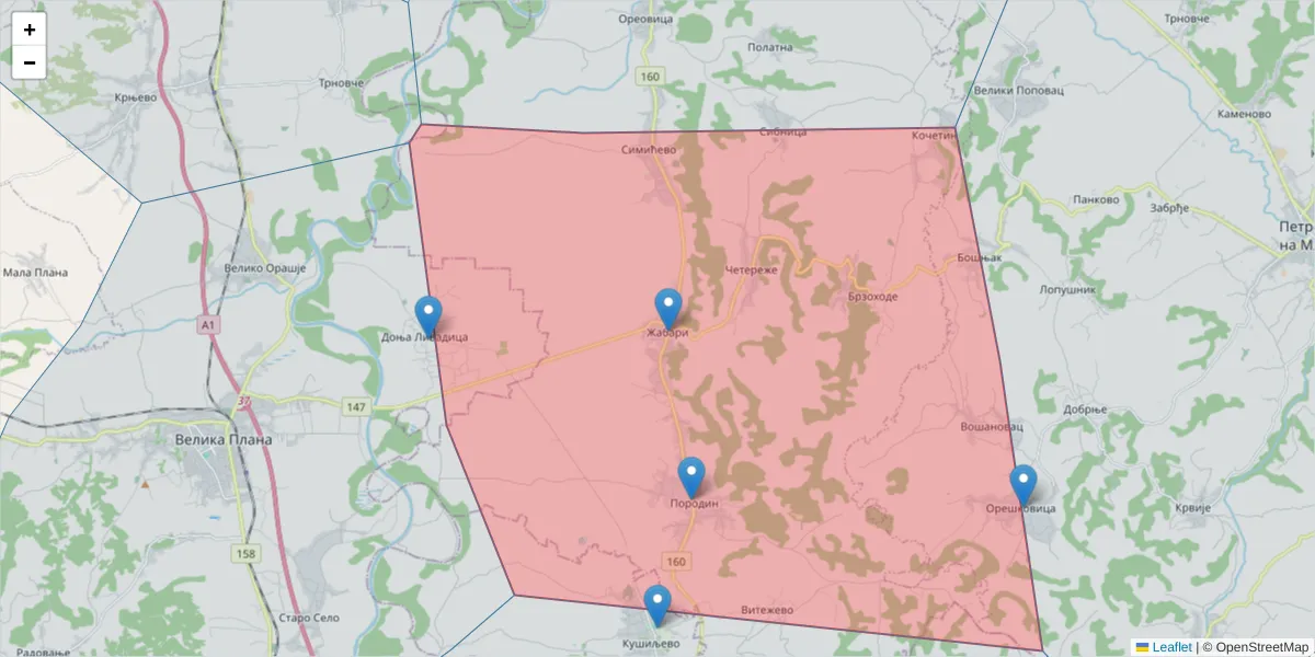 Mapa poštanskog broja  i okolnih poštanskih brojeva u Srbiji