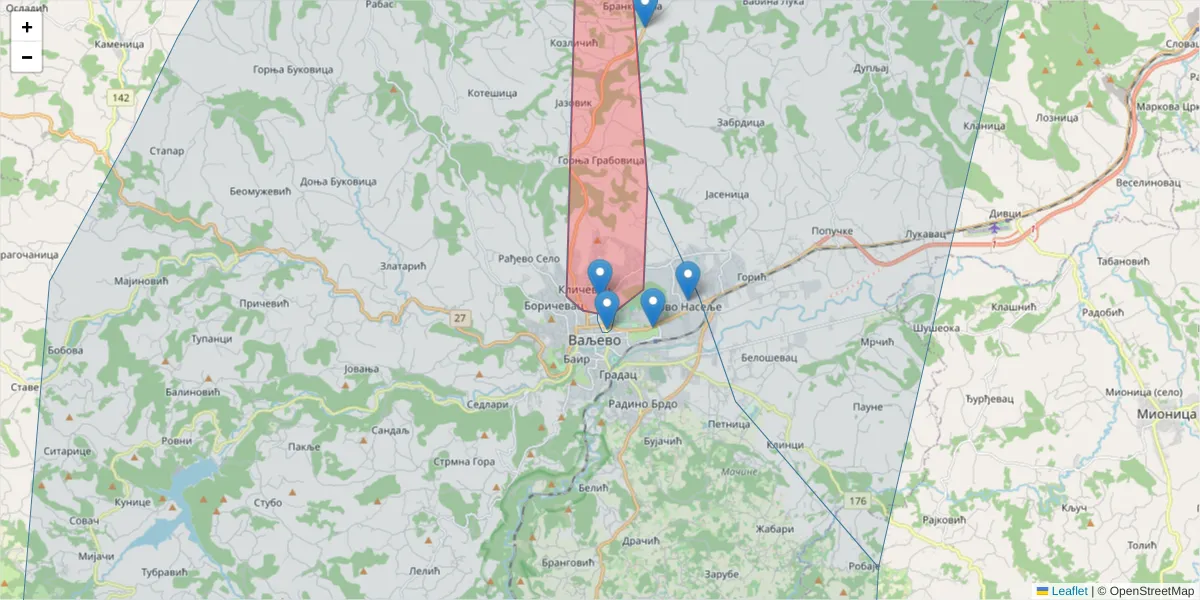 Mapa poštanskog broja  i okolnih poštanskih brojeva u Srbiji
