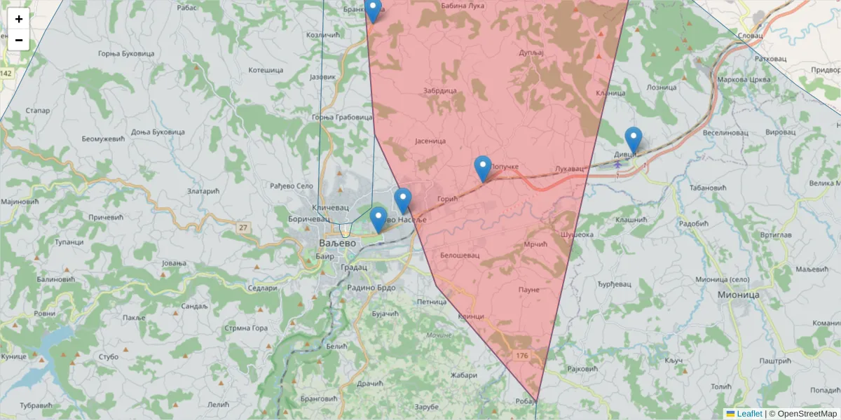 Mapa poštanskog broja  i okolnih poštanskih brojeva u Srbiji
