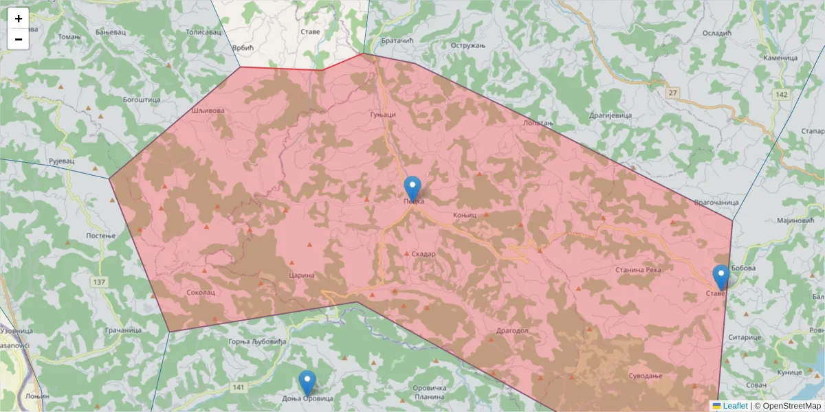 Mapa poštanskog broja  i okolnih poštanskih brojeva u Srbiji