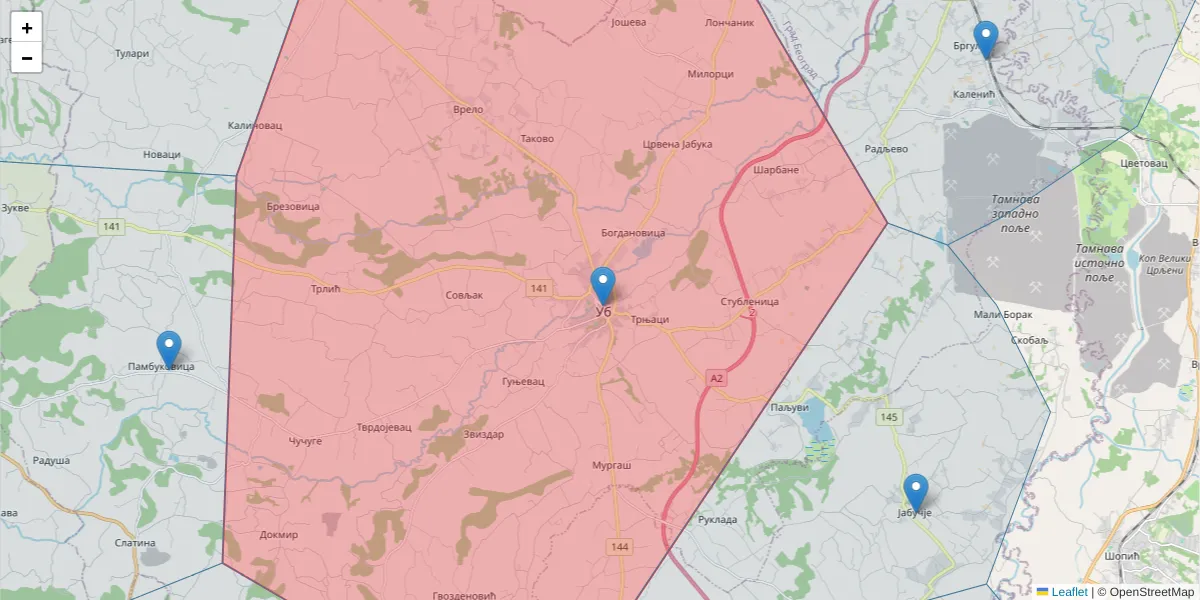 Mapa poštanskog broja  i okolnih poštanskih brojeva u Srbiji