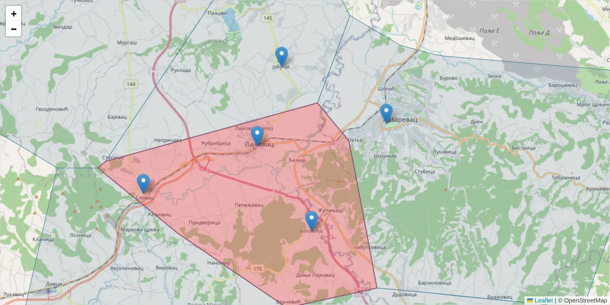 Mapa poštanskog broja  i okolnih poštanskih brojeva u Srbiji