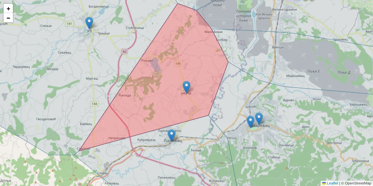 Mapa poštanskog broja  i okolnih poštanskih brojeva u Srbiji
