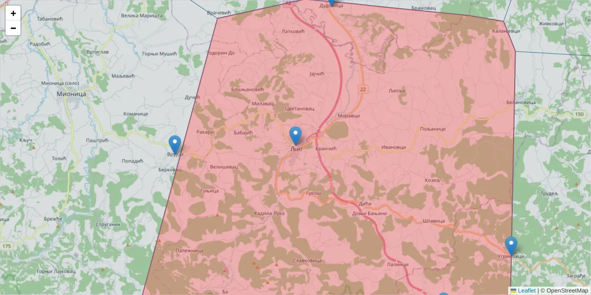 Mapa poštanskog broja  i okolnih poštanskih brojeva u Srbiji