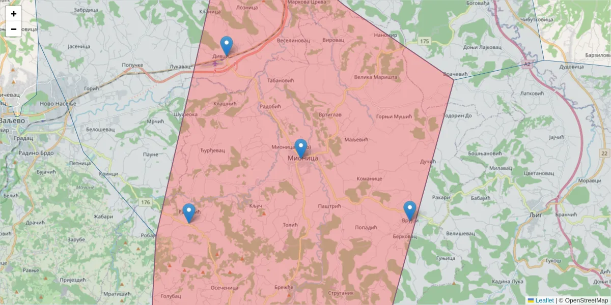 Mapa poštanskog broja  i okolnih poštanskih brojeva u Srbiji