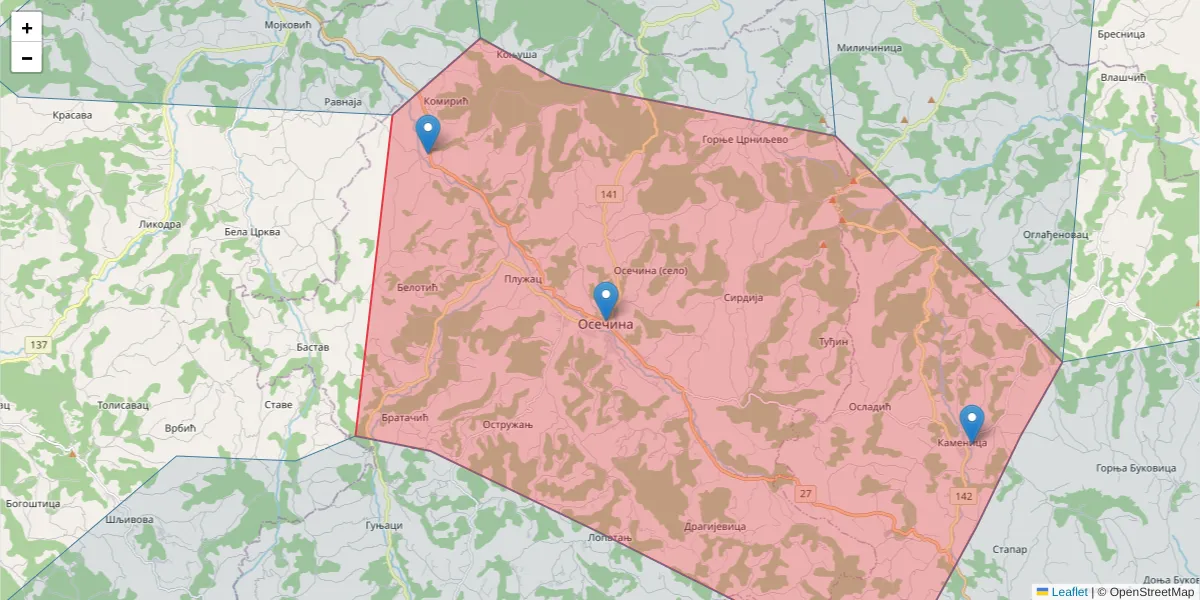 Mapa poštanskog broja  i okolnih poštanskih brojeva u Srbiji