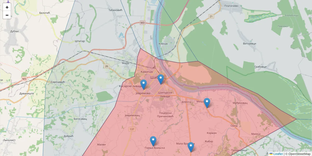 Mapa poštanskog broja  i okolnih poštanskih brojeva u Srbiji