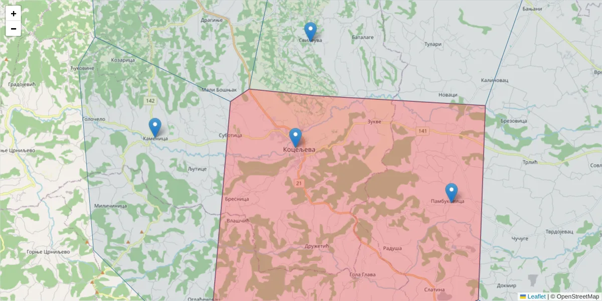 Mapa poštanskog broja  i okolnih poštanskih brojeva u Srbiji