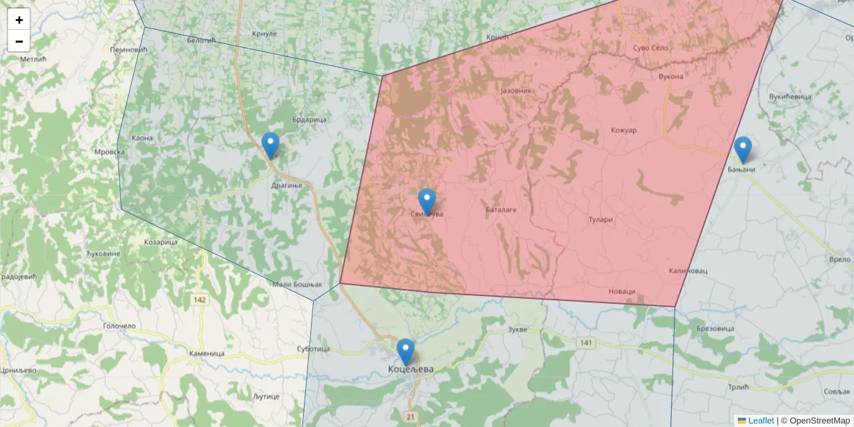 Mapa poštanskog broja  i okolnih poštanskih brojeva u Srbiji