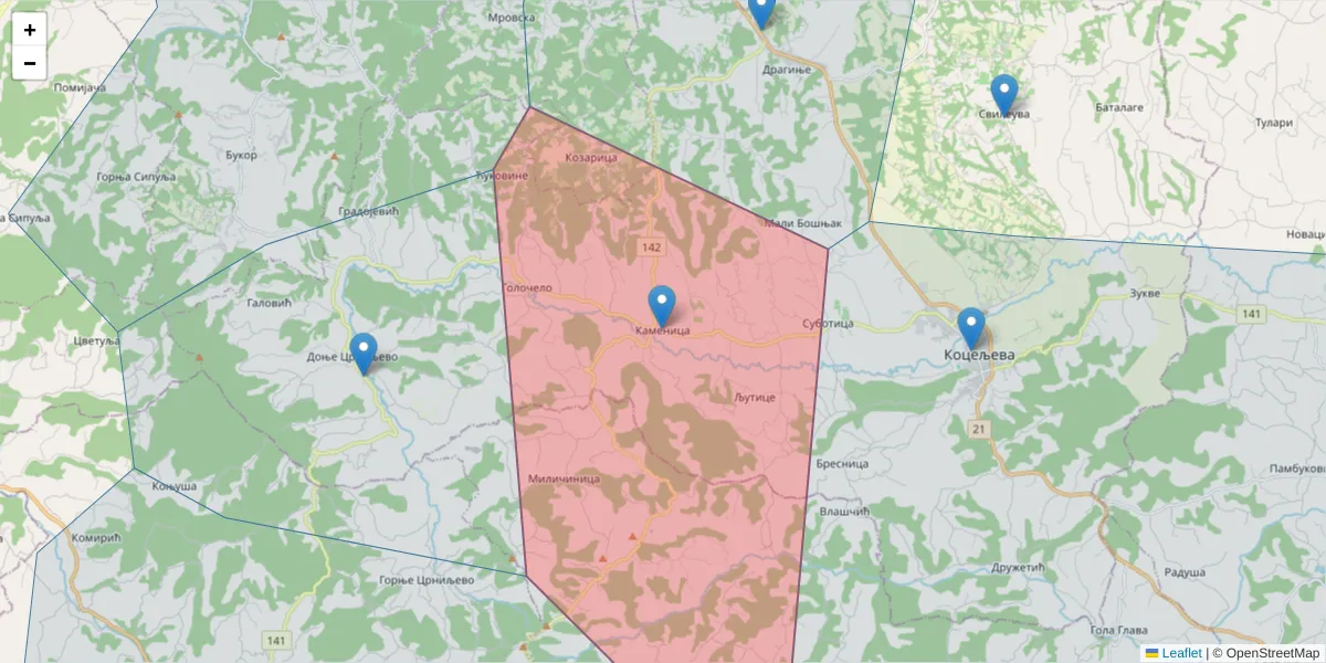 Mapa poštanskog broja  i okolnih poštanskih brojeva u Srbiji