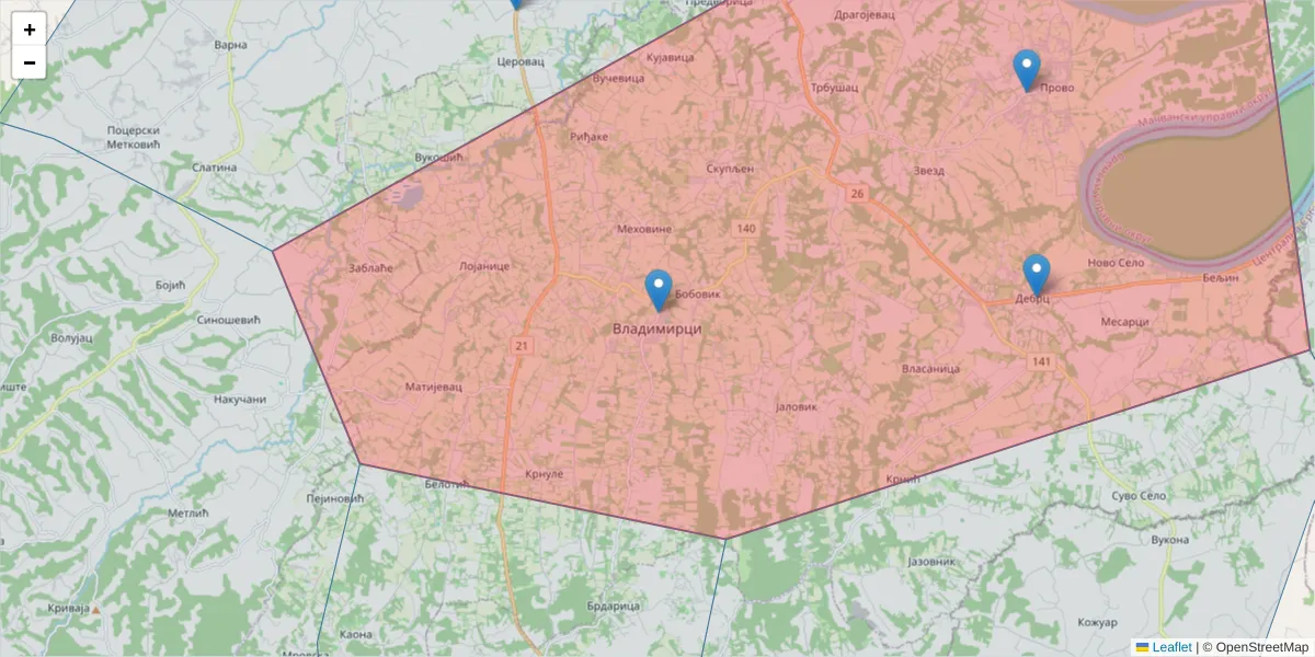 Mapa poštanskog broja  i okolnih poštanskih brojeva u Srbiji